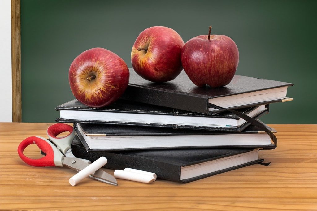 school, books, apples